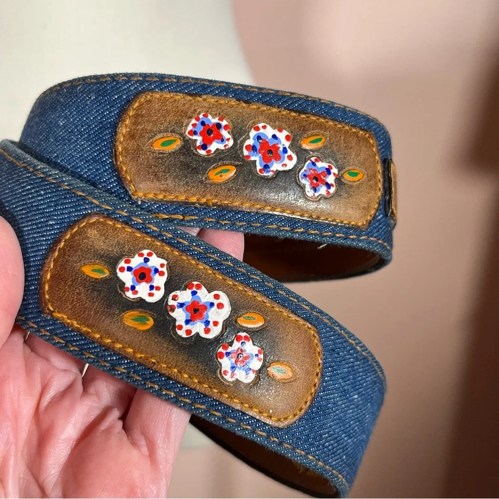 Vintage 1970 Hickok mod floral tooled Leather Denim Western Belt Festival sz 30